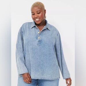 Lane Bryant|Dark Blue Denim Top with boho gold buttons,oversized boyfriend fit•